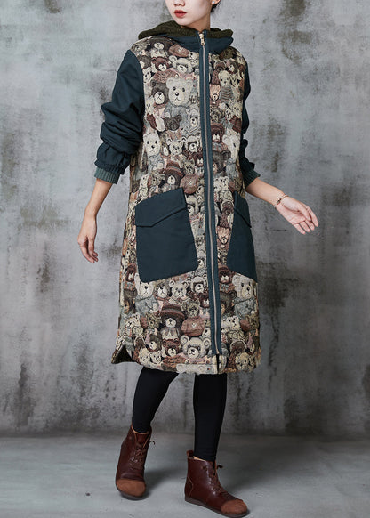 Blackish Green Hooded Cartoon Print Fine Cotton Filled Parka Winter