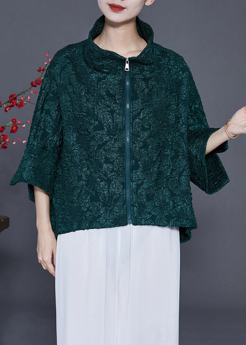 Blackish Green Oversized Jacquard Cotton Coat Bracelet Sleeve