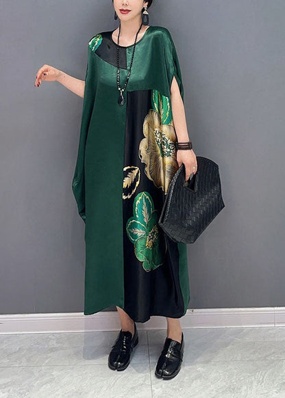Blackish Green Oversized Patchwork Print Silk Dress Batwing Sleeve