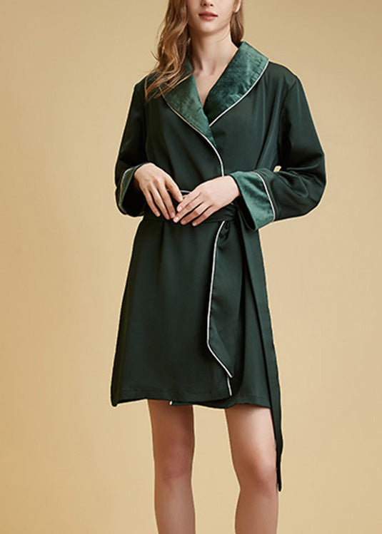 Blackish Green Peter Pan Collar Patchwork Tie Waist Thick Velour Rose Spring