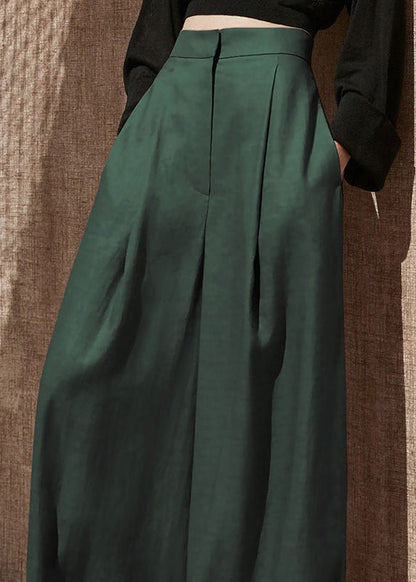 Blackish Green Pockets High Waist Patchwork Cotton Wide Leg Pants Fall