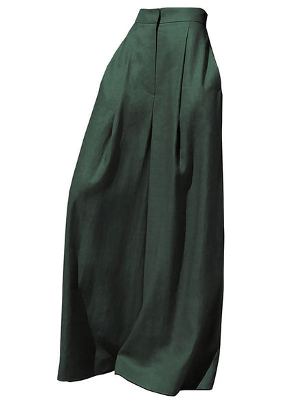 Blackish Green Pockets High Waist Patchwork Cotton Wide Leg Pants Fall