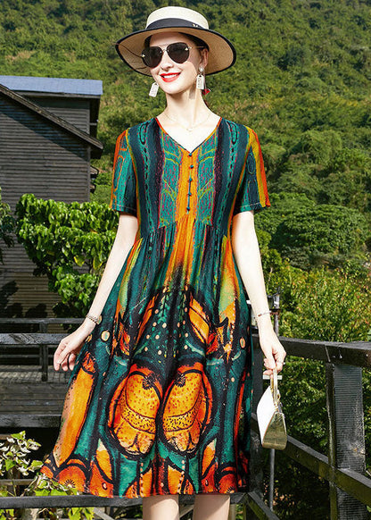 Blackish Green V Neck Wrinkled Print Silk Cinch Dresses Short Sleeve
