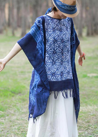 Blue Asymmetrical Design Tassel Print Linen Tops Batwing Sleeve