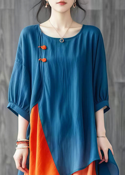 Blue Asymmetrical Patchwork Cotton Shirt Tops Summer