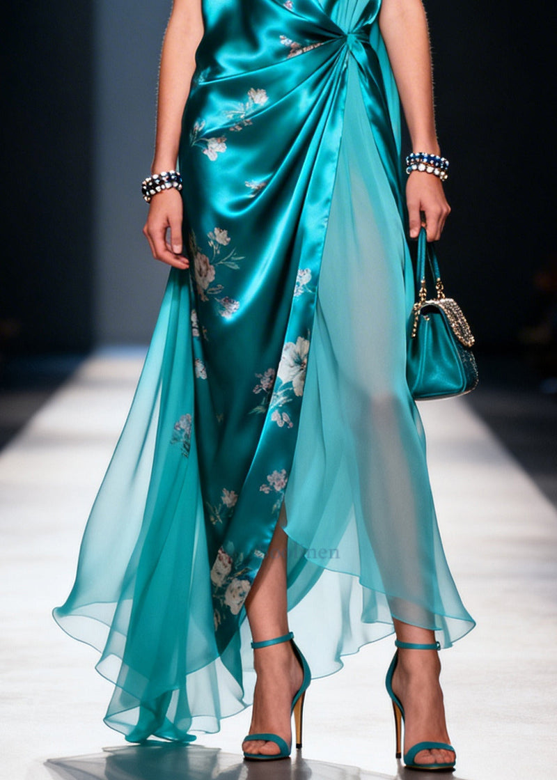 Blue Asymmetrical Print Silk Party Dress Summer