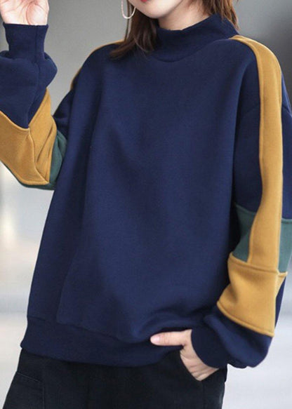 Women Blue Blouse High Neck Patchwork Box Spring Shirt
