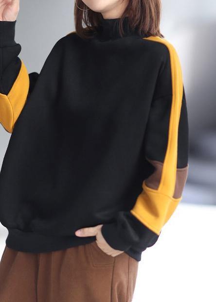 Women Blue Blouse High Neck Patchwork Box Spring Shirt