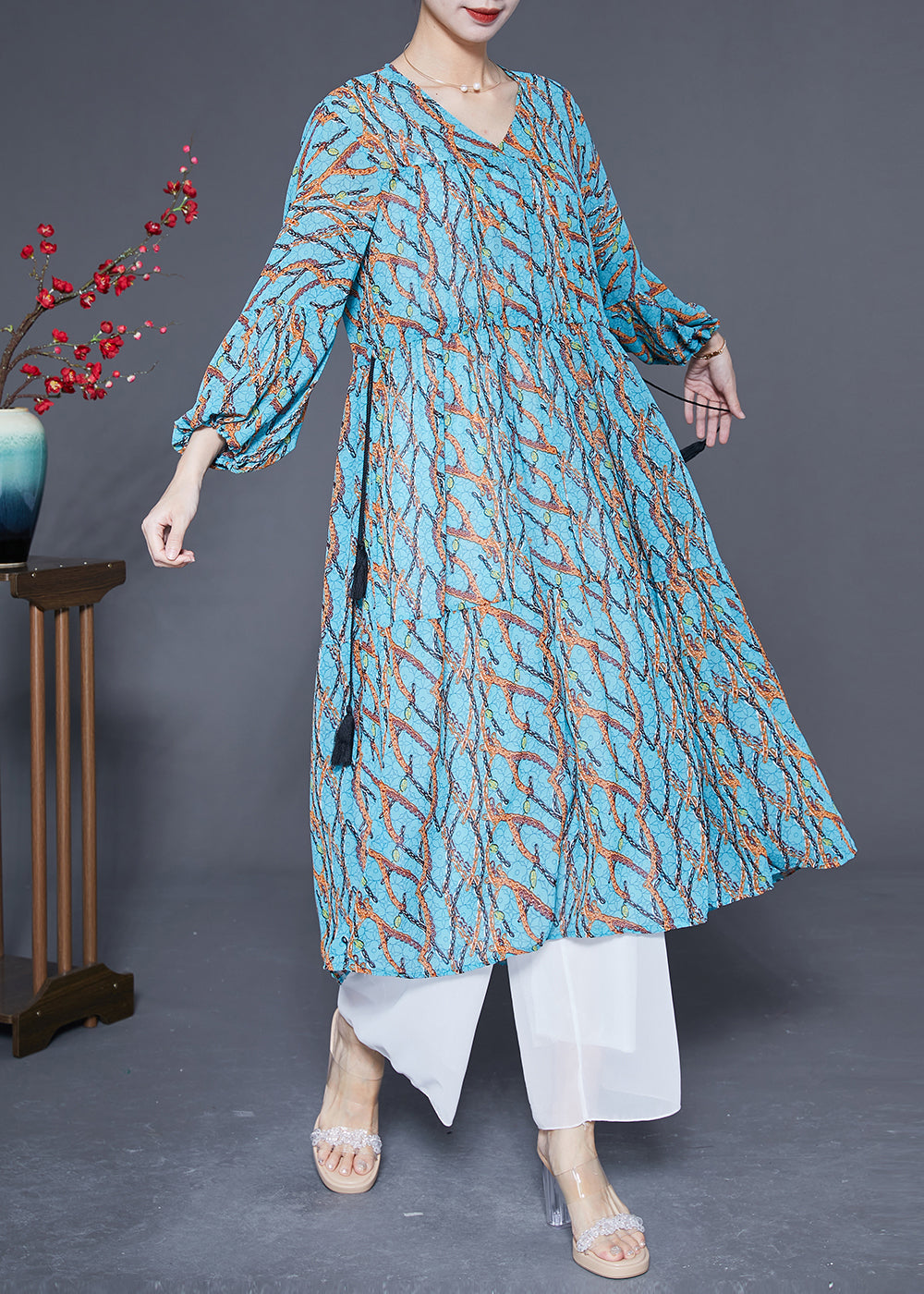 Blue Cinched Print Chiffon Holiday Dress Spring