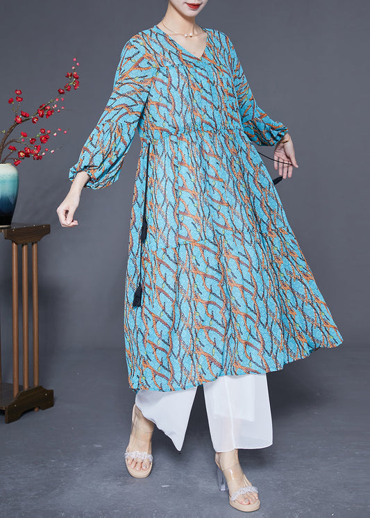 Blue Cinched Print Chiffon Holiday Dress Spring