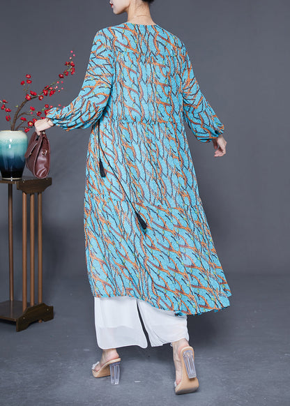 Blue Cinched Print Chiffon Holiday Dress Spring