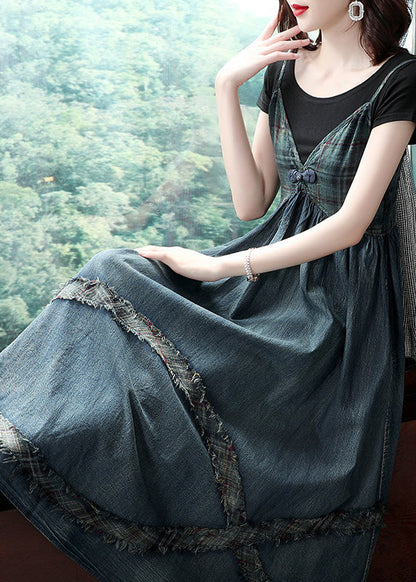 Blue Cinched V Neck Patchwork Spaghetti Strap Cotton Denim Dresses Spring