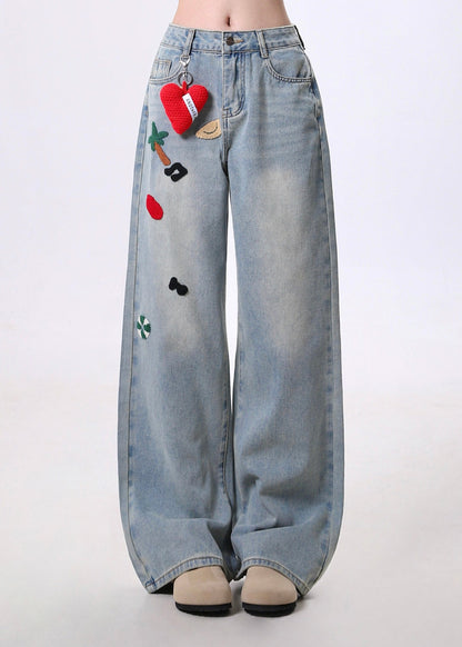 Blue Embroidered Pockets Denim Pants Spring