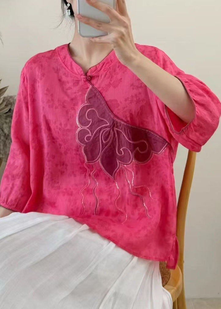 Blue Embroidered Sequins Linen Shirt Tops Summer