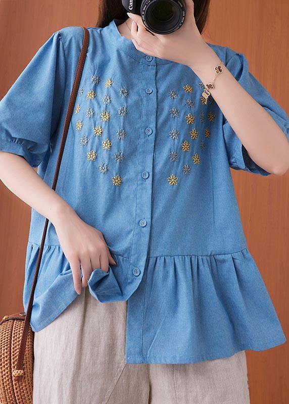 Blue Embroideried O-neck Cotton Summer Shirts