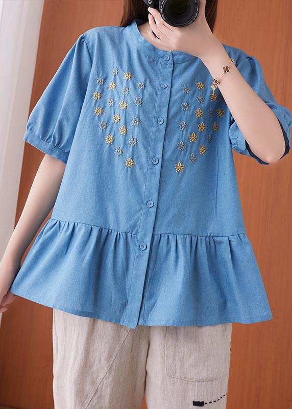 Blue Embroideried O-neck Cotton Summer Shirts