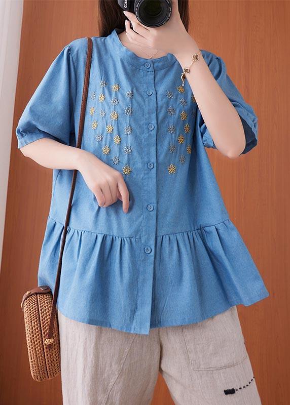 Blue Embroideried O-neck Cotton Summer Shirts