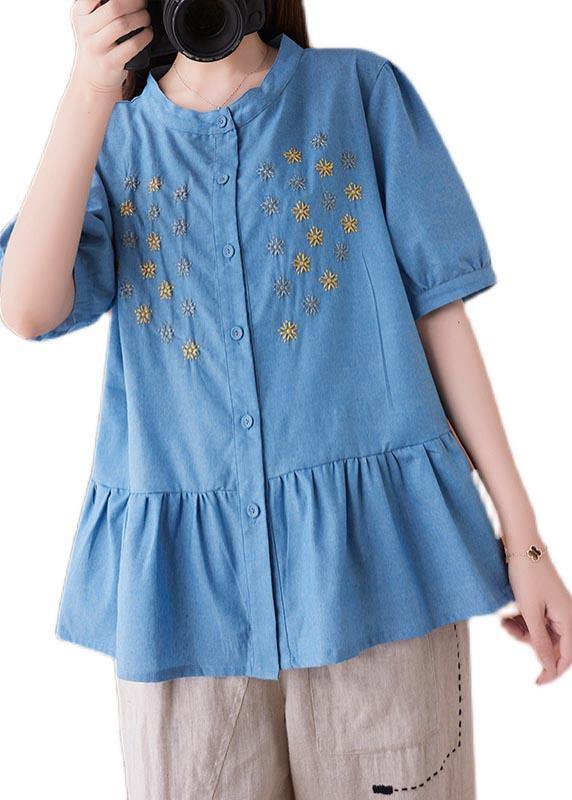 Blue Embroideried O-neck Cotton Summer Shirts