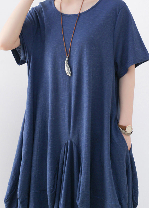 Blue Exra Large Hem Pockets Cotton Long Dresses Short Sleeve
