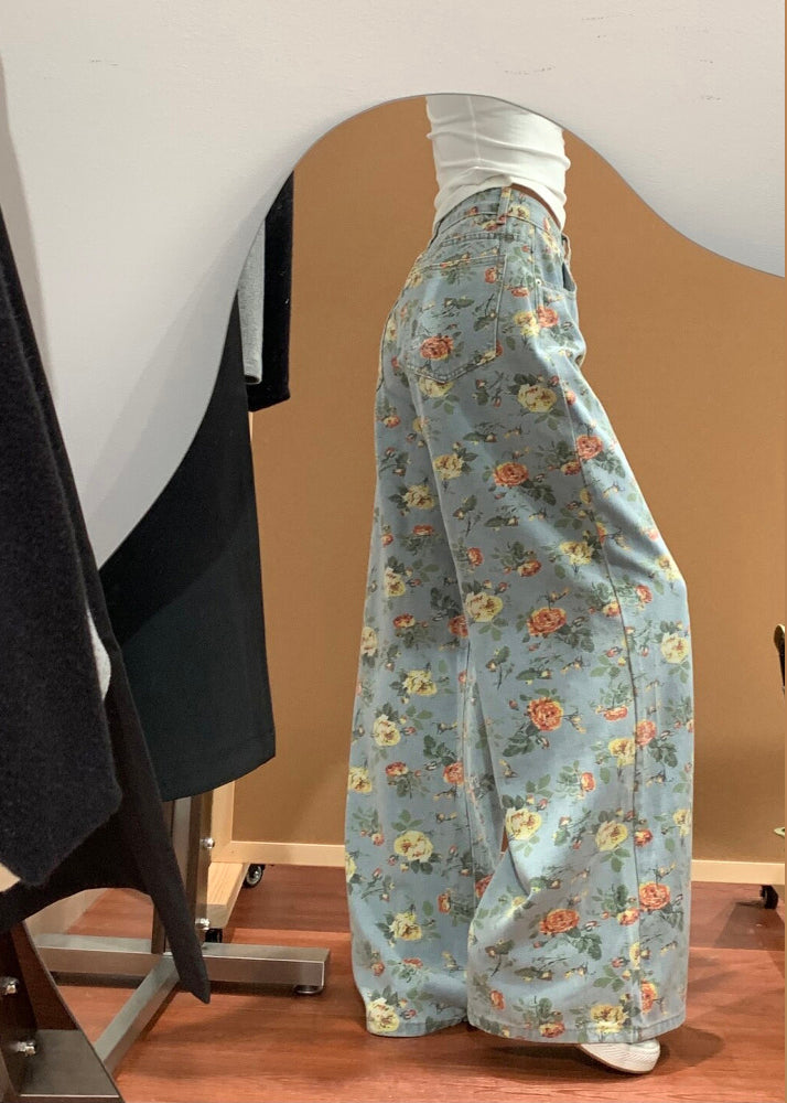 Blue Flower Print Denim Wide Leg Pants Fall