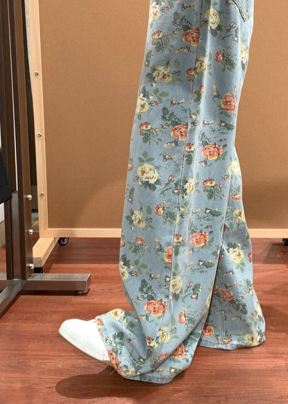 Blue Flower Print Denim Wide Leg Pants Fall