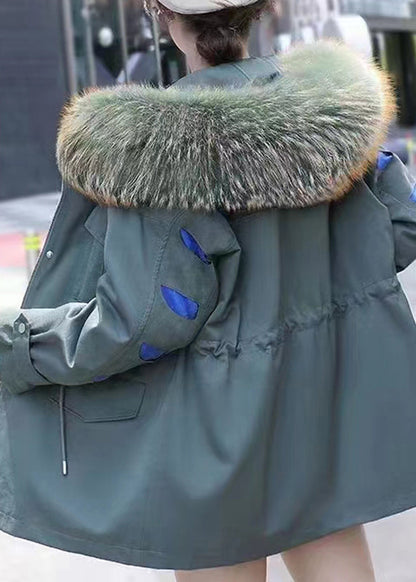 Blue Fur Collar Drawstring Pockets Patchwork Parka Long Sleeve