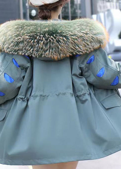 Blue Fur Collar Drawstring Pockets Patchwork Parka Long Sleeve
