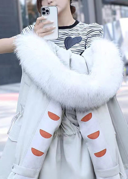 Blue Fur Collar Drawstring Pockets Patchwork Parka Long Sleeve