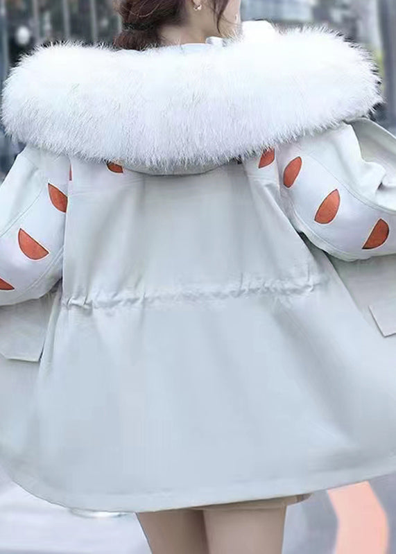 Blue Fur Collar Drawstring Pockets Patchwork Parka Long Sleeve