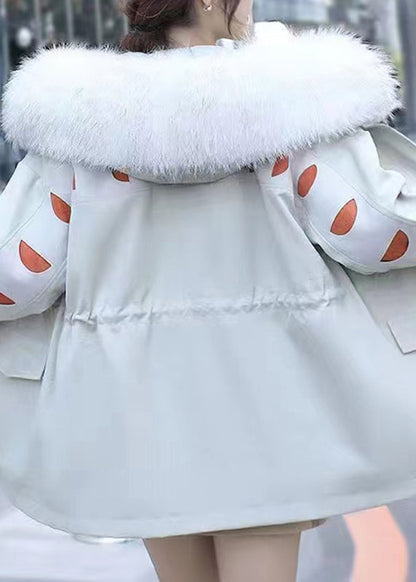 Blue Fur Collar Drawstring Pockets Patchwork Parka Long Sleeve