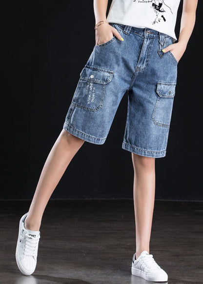 Blue High Waist Oversized Pockets Cotton Straight Shorts Summer