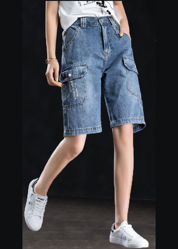 Blue High Waist Oversized Pockets Cotton Straight Shorts Summer