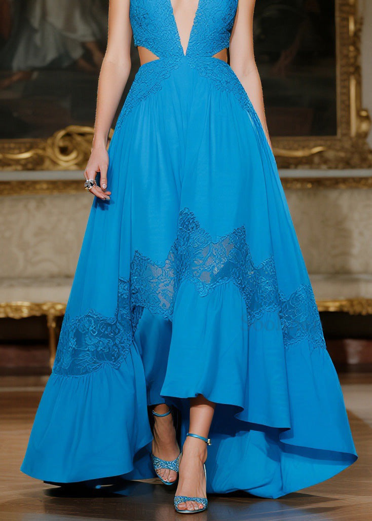Blue Hollow Out Lace Patchwork Spaghetti Strap Dresses Summer