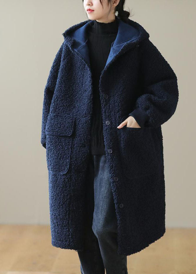 Blue Hooded Button Faux Fur Winter Coat