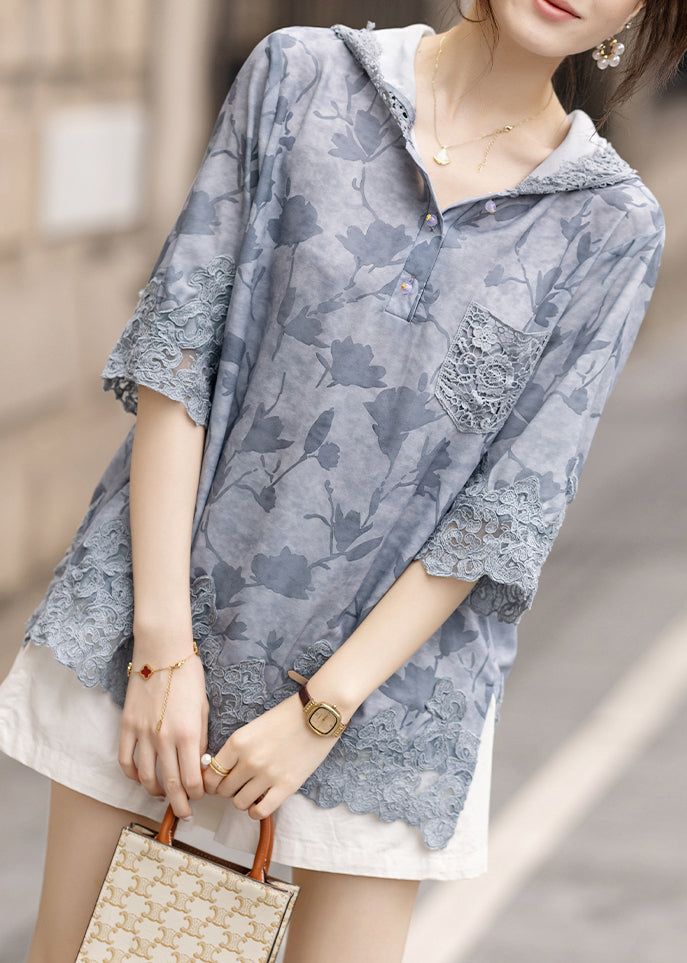 Blue Hooded Patchwork Lace Loose Sweatshirt Summer