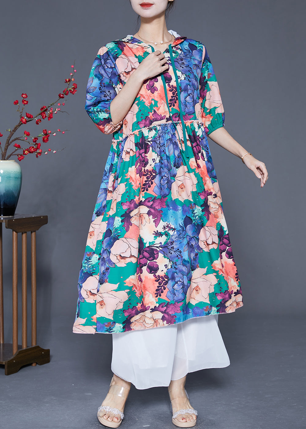 Blue Hooded Ruffled Print Silk Maxi Dresses Summer