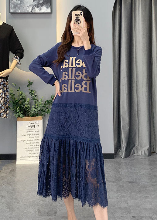 Blue Lace Patchwork Cotton Dress Spring