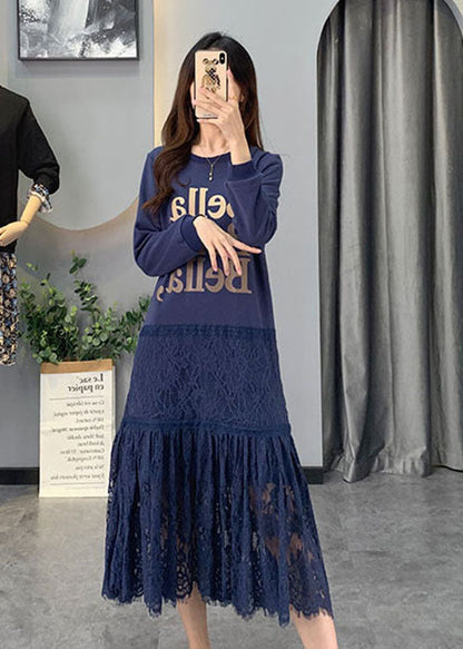 Blue Lace Patchwork Cotton Dress Spring