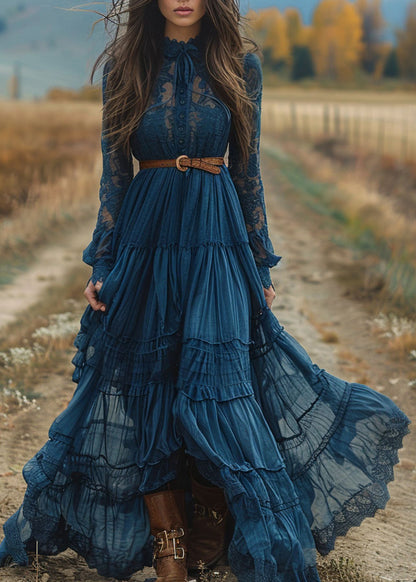 Blue Lace Ruffled Patchwork Cotton Robe Dresses Spring