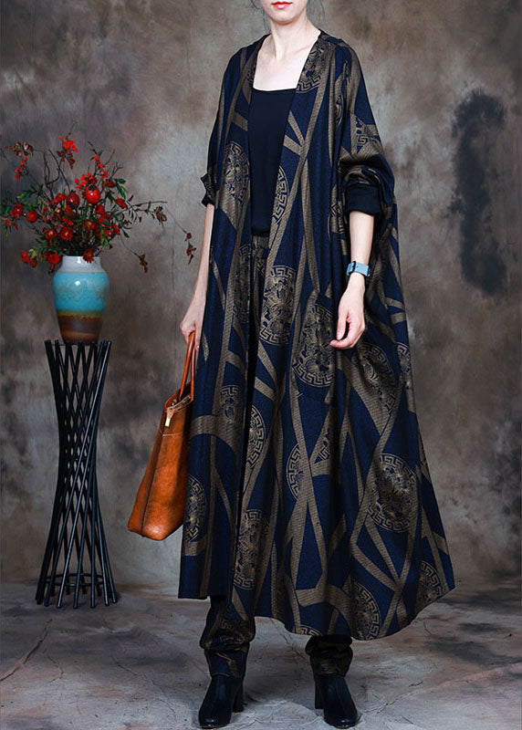 Blue Loose Print Asymmetrical Design Fall Two Pieces Set Long Sleeve