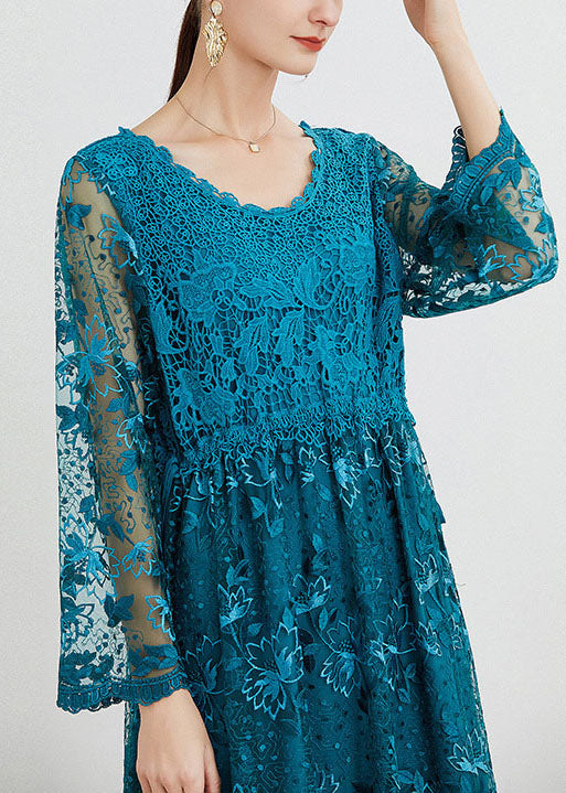Blue O Neck Embroideried Patchwork Long Dresses Spring