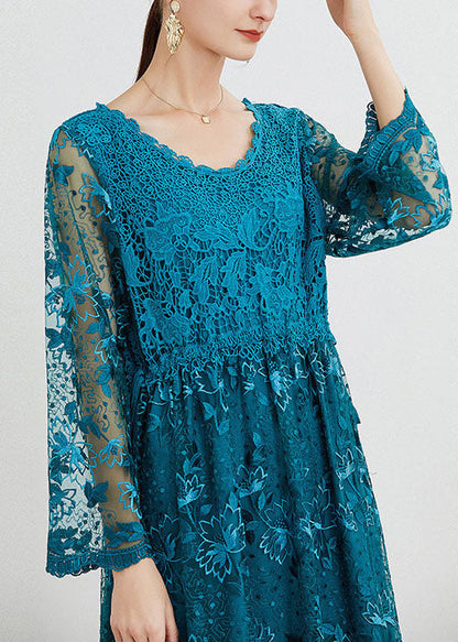 Blue O Neck Embroideried Patchwork Long Dresses Spring