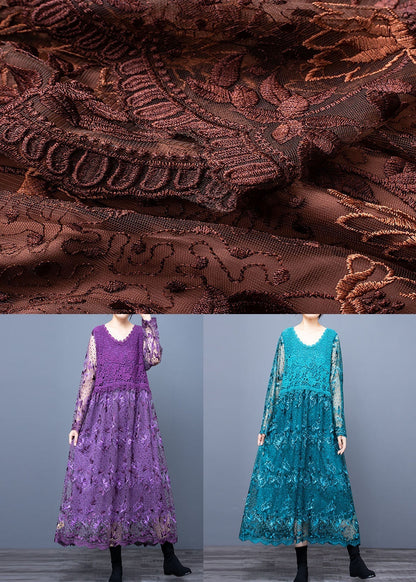 Blue O Neck Embroideried Patchwork Long Dresses Spring