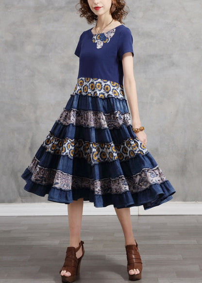 Blue O-neck Patchwork Cotton Vacation Pleated Dresses Short Sleeve