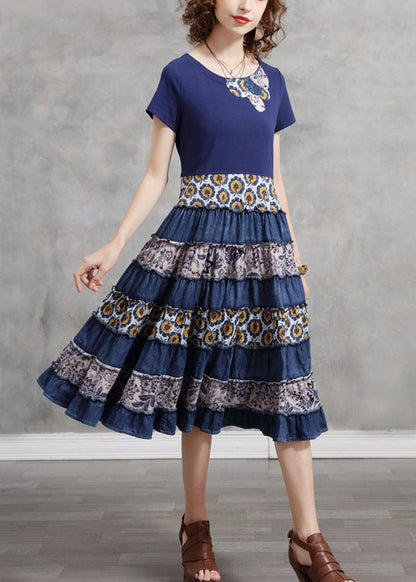 Blue O-neck Patchwork Cotton Vacation Pleated Dresses Short Sleeve