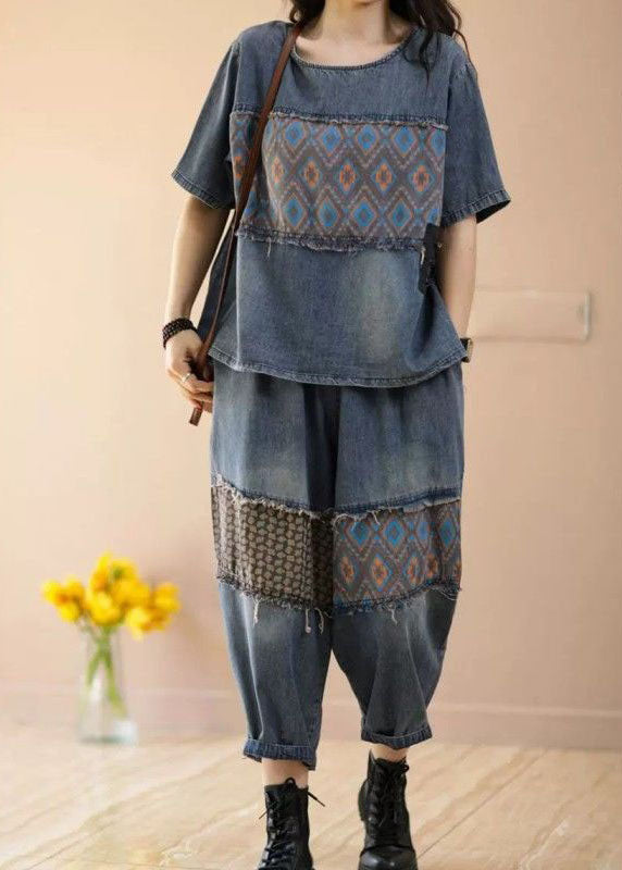 Blue O-neck Patchwork Tops and Pants Denim Two Pieces Set Summer