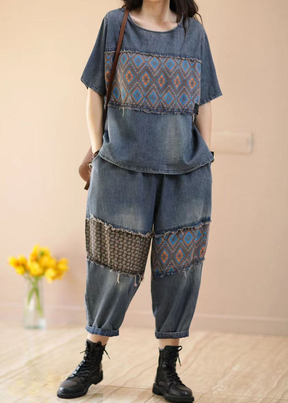 Blue O-neck Patchwork Tops and Pants Denim Two Pieces Set Summer