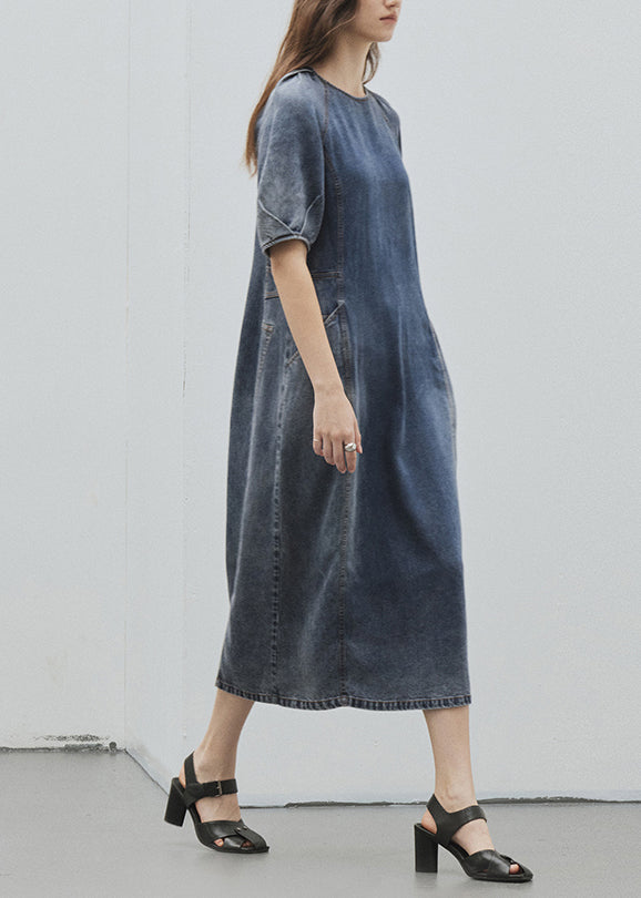 Blue O Neck Pockets Patchwork Denim Dress Summer