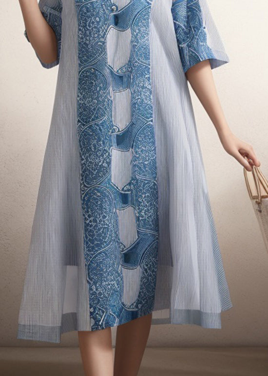 Blue O Neck Print Silk Dress Summer