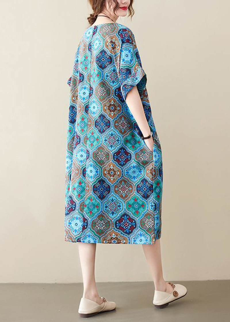 Blue O-neck Print Pockets Linen Dress Short Sleeve